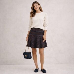 CAROLL PARIS Women Mini Skirt 42 US 10 WOOL Blend Flounce Hem Navy FRANCE MADE